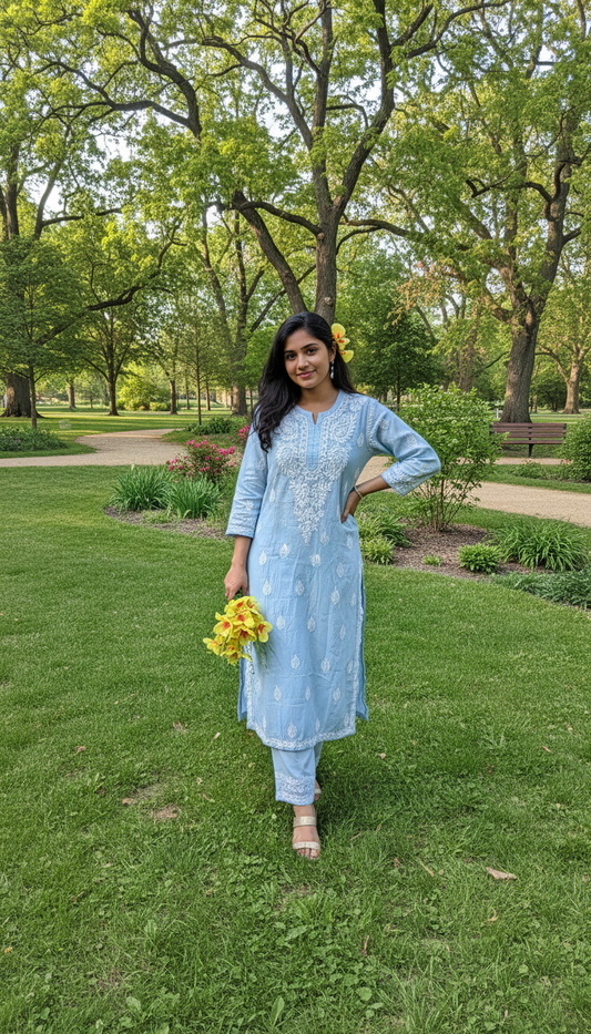 Chanderi Dyed Chikankari Kurtis